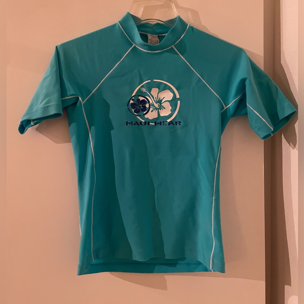 S: Maui Wear UPF Short Sleeve Crew Neck RashGuard Shirt Top Beach Pool Turquoise